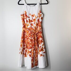 Leslie Fay Orange and White Floral Midi Dress Flare Skirt Tropical Travel